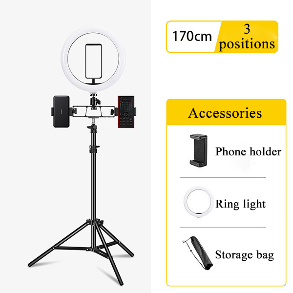 Adjustable 1.7M Floor 10 inch 3 Color Ring Light Selfie Live Stream 3 Phone Holders Tripod