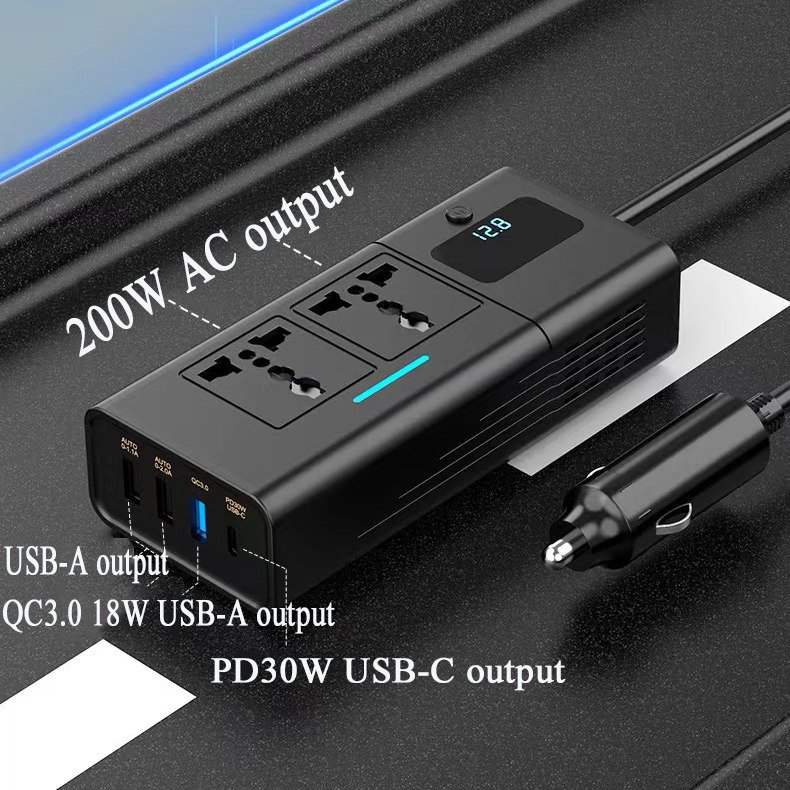 200W Car Inverter with Digital Display DC12V to AC220V Power Converter